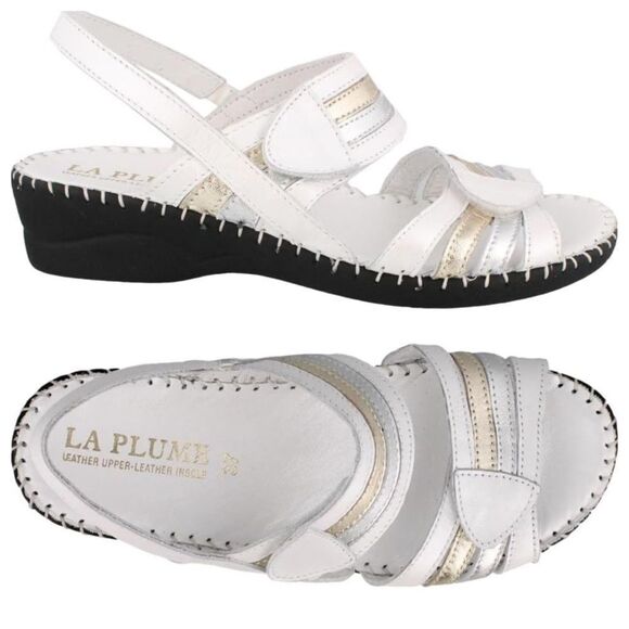 NWOB La Plume Women’s Anya Sandal Velcro Strap White Silver Gold Sz IT 38 US 7.5 - Picture 1 of 15